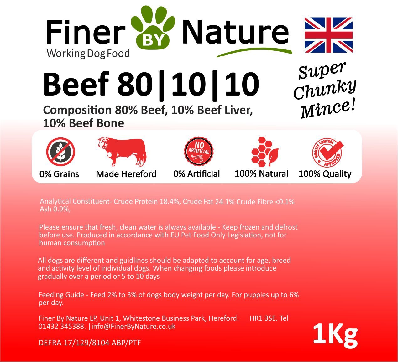 Finer By Nature Beef 80 10 10 Raw Dog Food 1kg