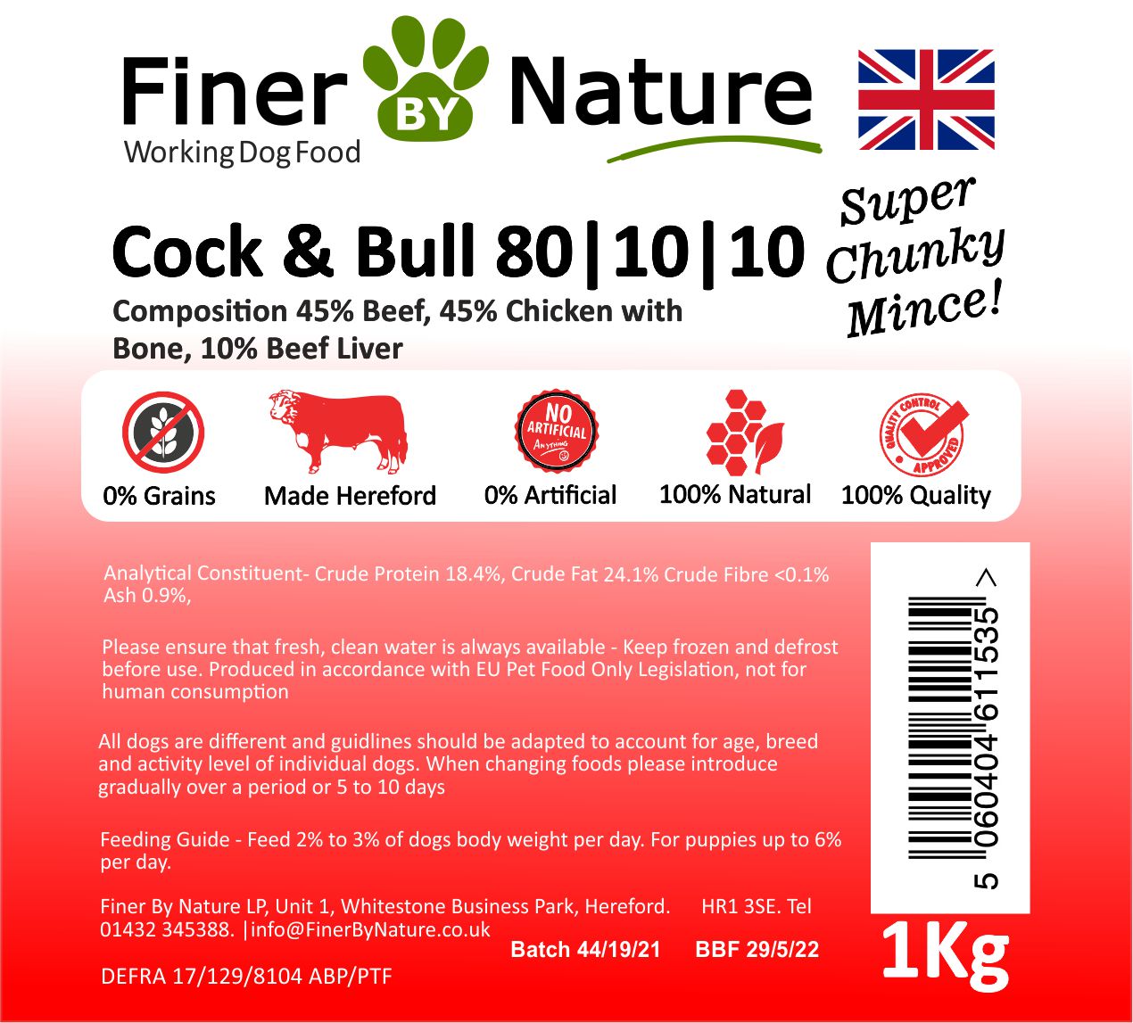 Finer By Nature Cock & Bull 80 10 10 Raw Dog Food 1kg