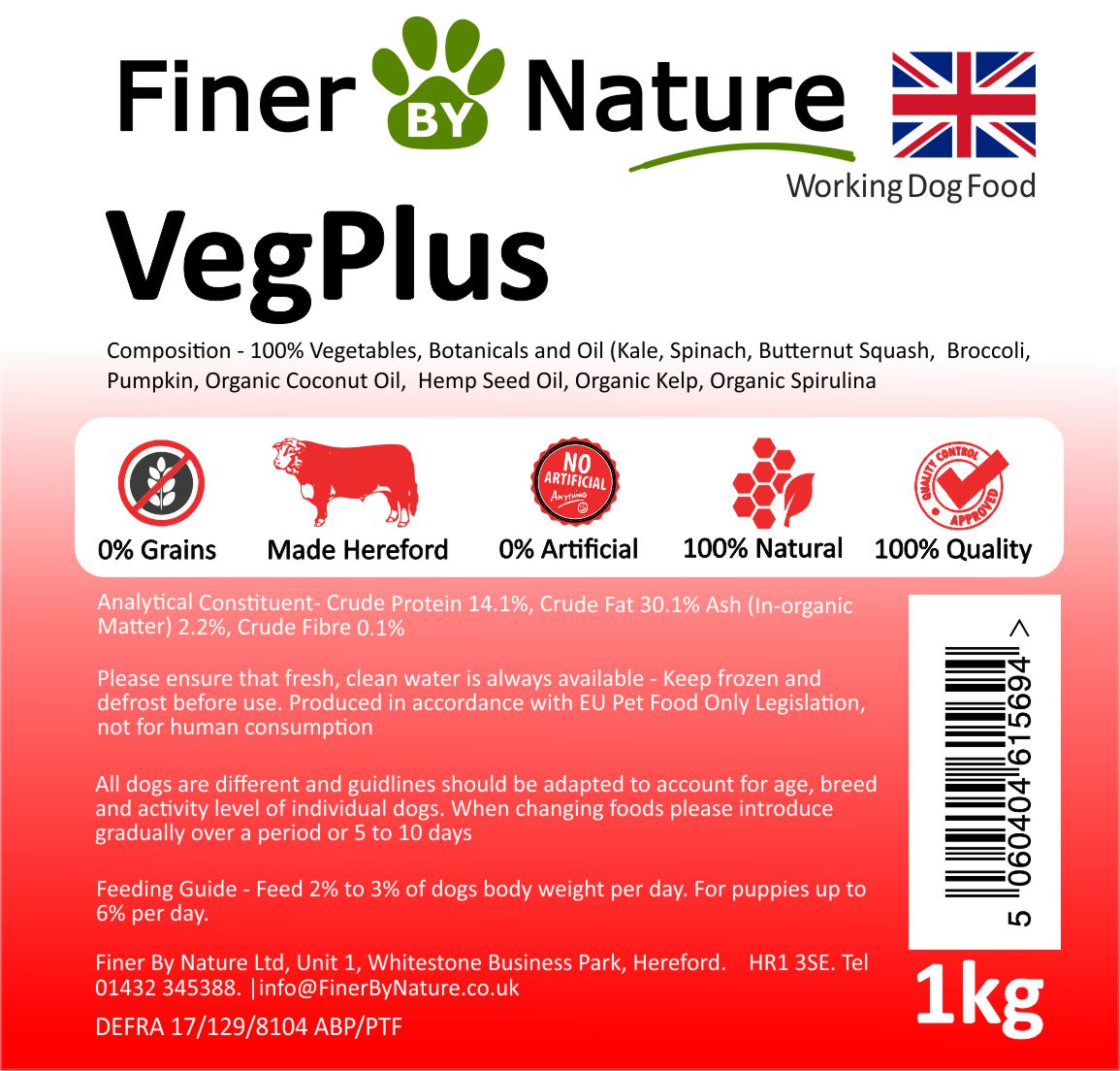 Finer By Nature Veg Plus Raw Dog Food 1kg