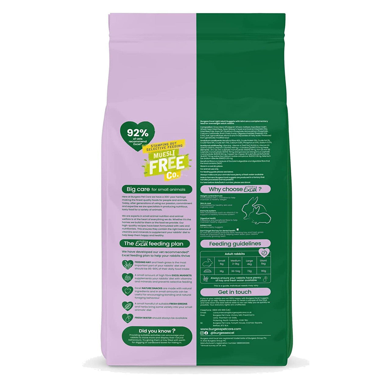 Burgess Excel Adult Light Rabbit Food Nuggets with Mint 1.5kg